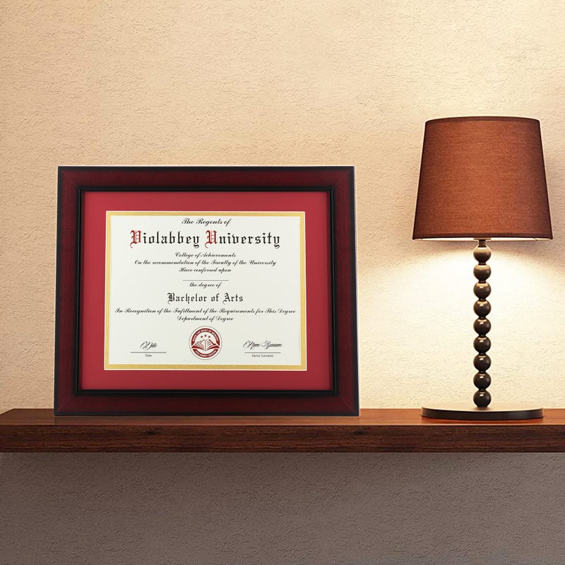 VIOLABBEY 11x14 Diploma Frame with Double Mat for 8.5x11 Documents&Certificates, Smooth Cherry Wood Grain Finish, Wall Mounting&Tabletop Display, Tempered Glass, Red Mat with Gold Rim - Image 2
